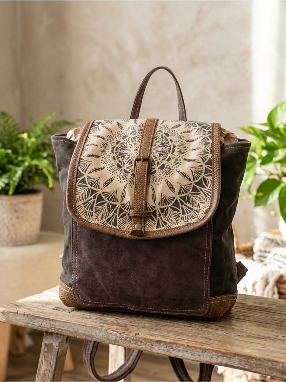 Myra bag Leather-Trim Brown Suede Backpack with Printed Flap